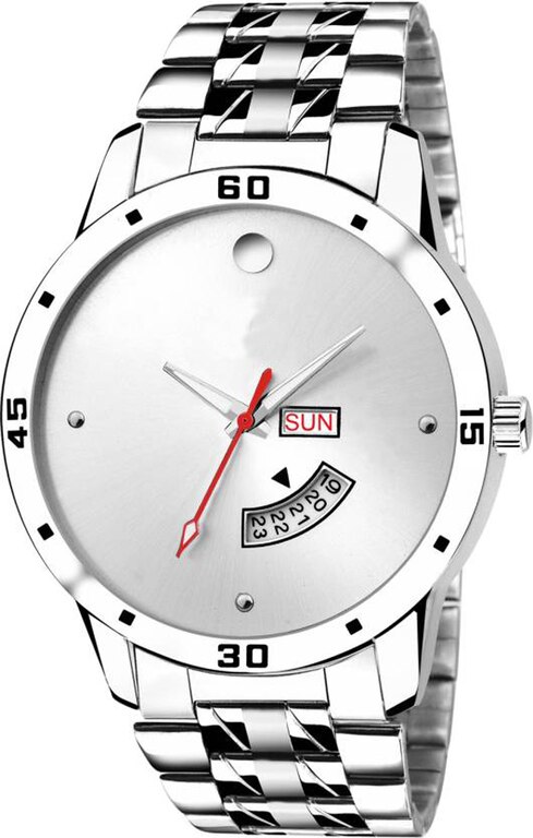 LOREM Watches For Mens Stylish Day And Date Indicator Silver Dial Stainless Steel Belt Official Look